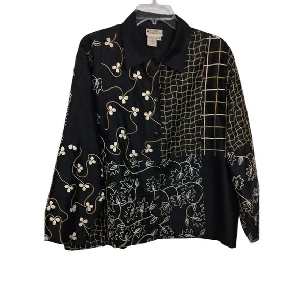 3848)Appleseed Silk Button Down Floral Geometric Black Gold Embroidery Jacket 1X - Picture 1 of 9
